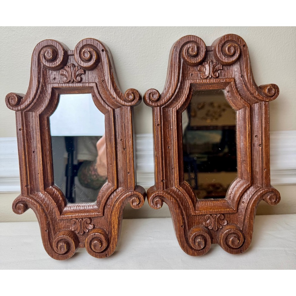 Vintage Faux Wood Wall Mirrors Set Brown Scrollwork Farmhouse Cotagecore Gallery